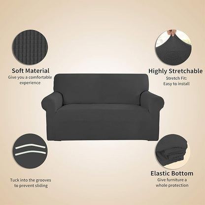 Easy-Going Stretch 4 Seater Sofa Slipcover 1-Piece Sofa Cover Furniture Protector Couch Soft with Elastic Bottom for Kids, Polyester Spandex Jacquard Fabric Small Checks Dark Gray