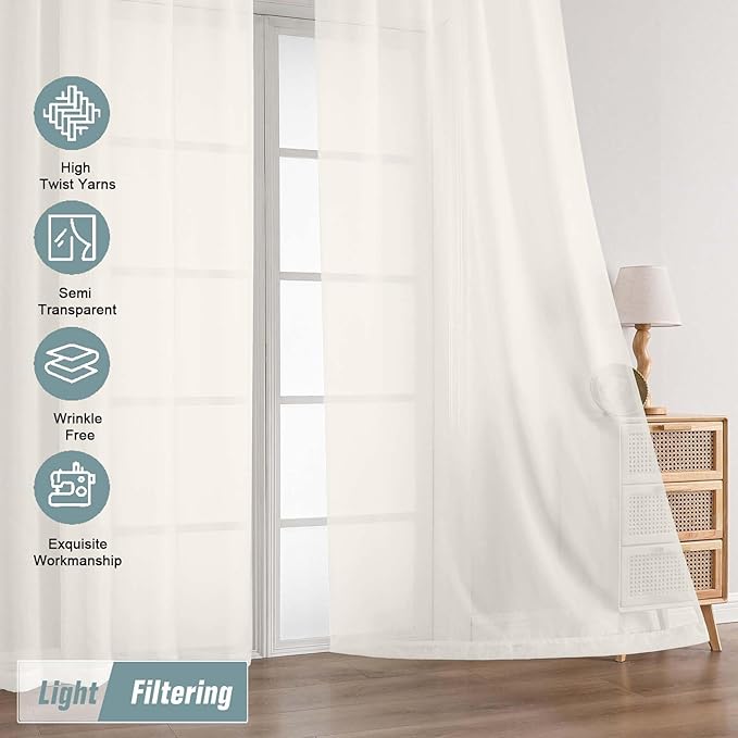 Ivory Sheer Curtains 120 Inches Long 2 Panels, Extra Long Light Filtering Modern Window Curtains for Sliding Glass Door, Rod Pocket Voile Drapes for Living Room Bedroom, 2x42Wx120L Inches
