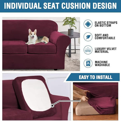 H.VERSAILTEX Rich Velvet Stretch 2 Piece Cover Chair Slipcover Sofa Cover Furniture Protector Couch Soft with Elastic Bottom Chair Couch Cover with Arms Width Up to 49 Inch(Chair, Burgundy)