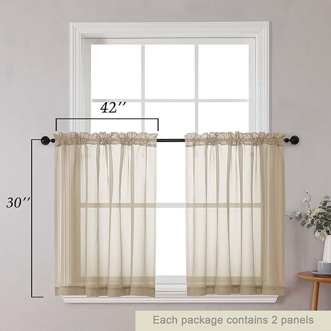 Taupe Kitchen Curtains 30 Inch Length Tier 2 PCS, Solid Soft Airy Half Curtains for Windows, Taupe Sheer Rod Pocket Drapes for Bathroom Basement Small Window, 42" Wx30 L Inches