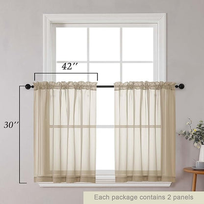 Taupe Kitchen Curtains 30 Inch Length Tier 2 PCS, Solid Soft Airy Half Curtains for Windows, Taupe Sheer Rod Pocket Drapes for Bathroom Basement Small Window, 42" Wx30 L Inches