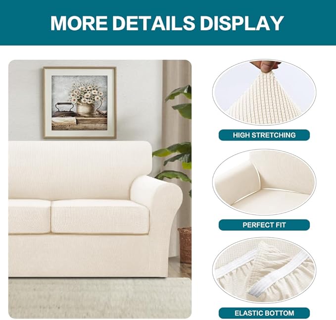 Turquoize 3 Piece Sofa Covers for 2 Cushion Couch Sofa Slipcover Soft Couch Cover for Dogs-Washable Sofa Furniture Cover with 2 Individual Cushion Covers, Thick Jacquard Fabric (Loveseat, Cream)