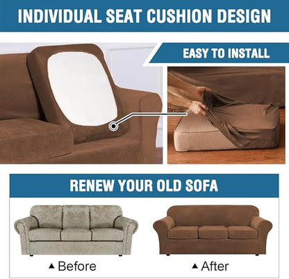 H.VERSAILTEX Modern Velvet Plush 4 Piece High Stretch Sofa Slipcover Sofa Cover Furniture Protector Form Fit Luxury Thick Velvet Sofa Cover for 3 Cushion Couch Width Up to 90 Inch (Sofa, Caramel)