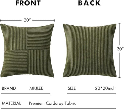 MIULEE Olive Green Decorative Throw Pillow Covers 20x20 Inch for Couch Bed Sofa Spring Decor Pack of 2 Boho Farmhouse Throw Pillows Soft Cross Corduroy Patchwork Textured Cushion Cases