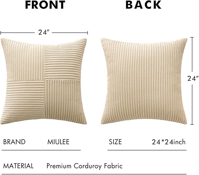 MIULEE Cream Decorative Euro Sham Pillow Covers 24x24 Inch for Bed Couch Sofa Pack of 2 Boho Neutral Farmhouse Throw Pillows Soft Cross Corduroy Patchwork Textured Cushion Cases