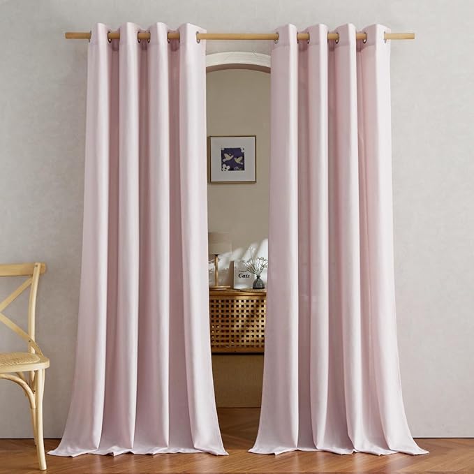 NICETOWN Blush Pink Linen Curtains for Kitchen, Thick Flax Small Window Treatments Semi Sheer Privacy Assured with Light Through for Cafe/Bathroom, W55 x L144, 2 Panels