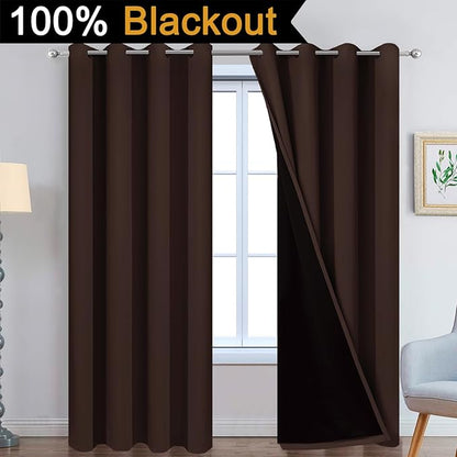 Yakamok 100% Blackout Curtains for Bedroom, 2 Thick Layers Thermal Insulated Grommet Total Blackout Drapes with Black Liner for Living Room (52Wx90L,Chocolate Brown, 2 Panels)