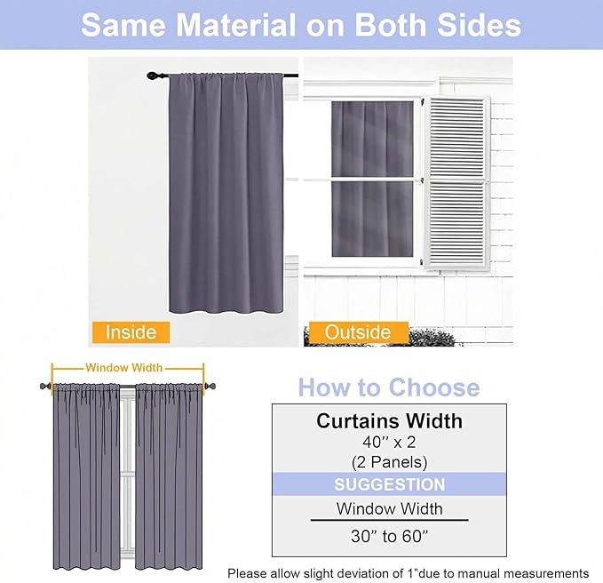 Simplebrand Ava Greyish Purple Blackout Curtains for Bedroom 63 Inch Length 2 Panels Set, Privacy Thermal Insulated Rod Pocket Door Window Curtains for Patio French Door Front Door, W40 x L63 Inch
