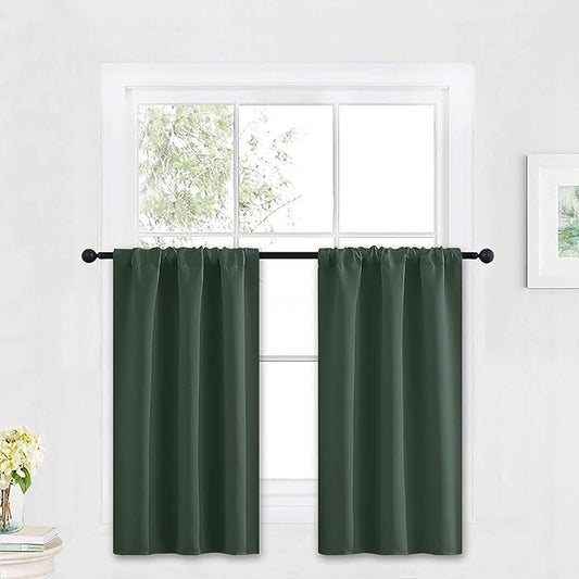 RYB HOME Blackout Cafe Curtains 30 inch Length, Short Light UV Heat Blocking Energy Saving Privacy Curtain Tiers for Basement Bathroom Kitchen Window, Width 29 by Length 30, Dark Green, 2 Panels