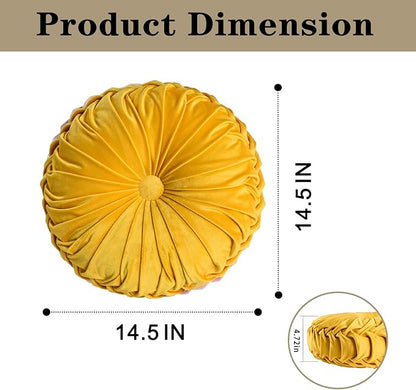 HIG Set of 2 Yellow Ruched Velvet Round Throw Pillows – 14.5’’ Decorative Pillows with Soft Polyester Filling for Couch, Bed, Living Room, Bedroom, or Dorm – Handmade, Stress Relieving, All-Season
