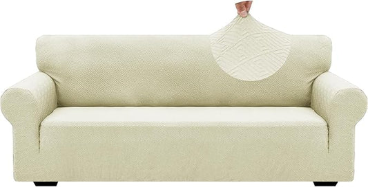 ZNSAYOTX 1 Piece Jacquard Couch Covers for 3 Cushion Couch Living Room High Stretch Sofa Cover Pets Dogs Friendly Anti Slip Thickened Slipcovers Furniture Protector (Large,New Pattern Light Beige)
