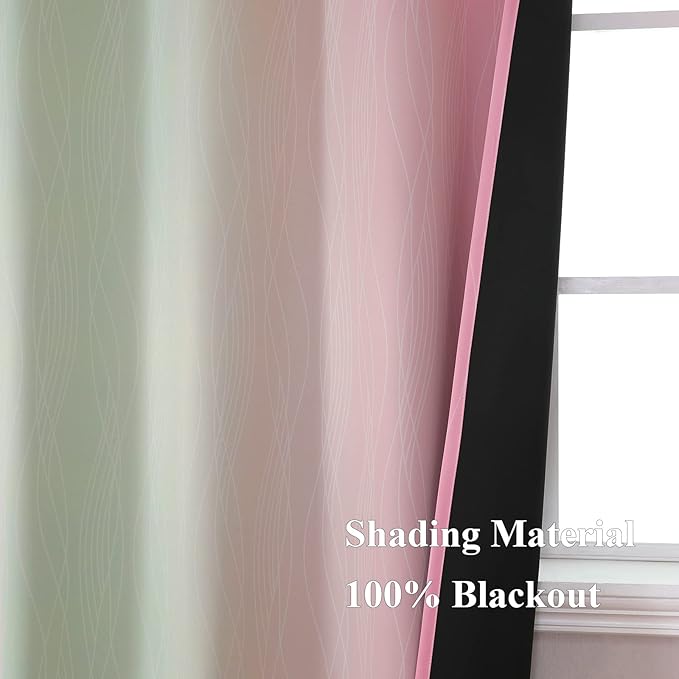 Estelar Textiler Sage and Pink Blackout Curtains 45 Inch Length, Light Blocking Gradient Drapes for Kitchen, Thermal Insulated Grommet Ombre Curtains for Bathroom,52Wx45L,2 Panels