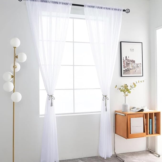 SpaceDresser Optical White Sheer Curtains 4 Panels Rod Pocket Semi-Sheer Curtain 63 Inches Long Light Filtering Voile Window Drapes for Bedroom Living Room Kitchen, Each 52W x 63L