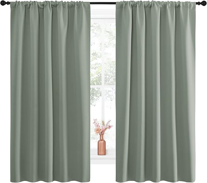 NICETOWN Window Curtains Blackout Drapes - Thermal Insulated Solid Rod Pocket Blackout Curtains/Draperies for Living Room (Greyish Green, One Pair, 52 by 63-Inch)