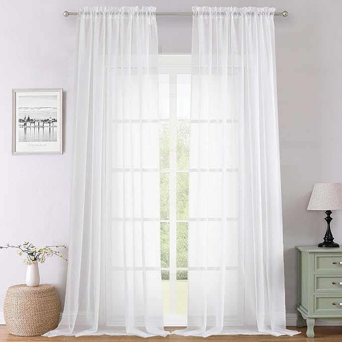 Lecloud White Sheer Curtains 120 Inches Long 2 Panels, Extra Wide Farmhouse Elegant Light Filtering Window Curtains, Solid Airy Voile Sheer Curtain for Living Room Bedroom Big Windows, 59" W x 120" L
