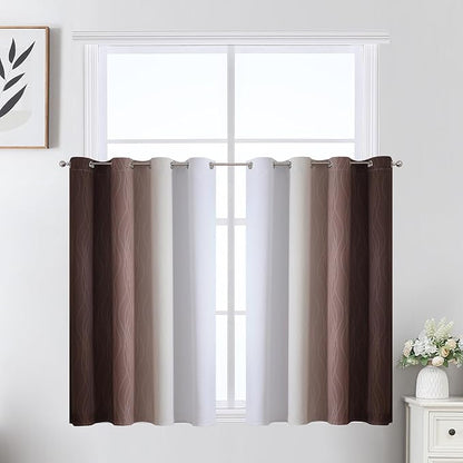 Estelar Textiler Brown and Greyish White Ombre Short Blackout Cafe Curtains 36 Inch Length, Thermal Insulated Grommet Small Half Window Drapes for Kitchen/Basement/RV Camper, 52Wx36L, 2 Panels
