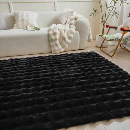 Black Rabbit Plush Rug 5'x8', Fluffy Faux Fur Shaggy Area Rug for Nursery, Kids Room Decor, Soft Fuzzy Carpet for Living Room, Bedroom, Teen Girls Room