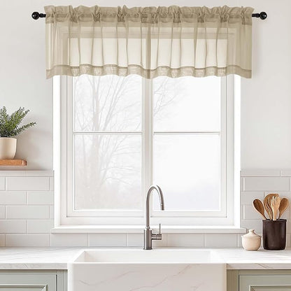 Taupe Valances for Windows 14 inch Length 2 Panels Set, Small Voile Sheer Curtains for Bathroom, Soft Fabric Lightweight Light Filtering Kitchen Curtains, Dual Rod Pocket, 2x42Wx14L Inches