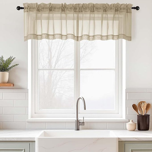 Taupe Valances for Windows 14 inch Length 2 Panels Set, Small Voile Sheer Curtains for Bathroom, Soft Fabric Lightweight Light Filtering Kitchen Curtains, Dual Rod Pocket, 2x42Wx14L Inches
