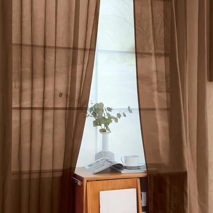 youleyar Solid Sheer Rod Pocket Curtain Voile Draperies 2 Panels White Beige Black Grey Coffee 52 Inch Width 72 Inch Long 1 Pair for Kitchen Bedroom Children Living Room Yard (Brown,52Wｘ72L)