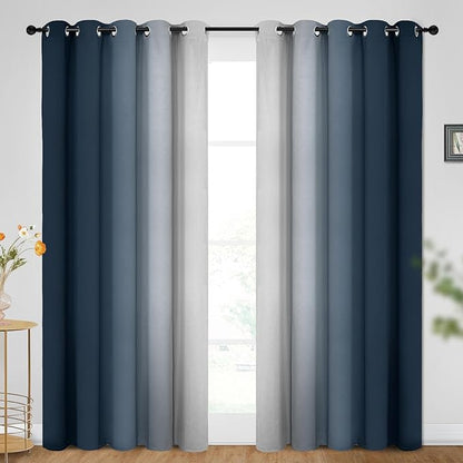 SimpleHome Ombre Room Darkening Curtains for Bedroom, Gradient Navy Blue to Grey White Light Blocking Thermal Insulated Grommet Window Curtains/Drapes for Living Room,2 Panels, 62x84 inches Length
