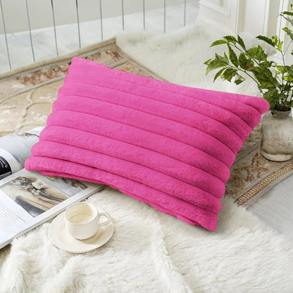 decorUhome Summer Cozy Faux Fur Throw Pillow Covers 12x20 Set of 2 Decorative Soft Plush Striped Lumbar Modern Farmhouse Boho Couch Pillow Cases with Velvet Back for Sofa Bed Living Room, Hot Pink