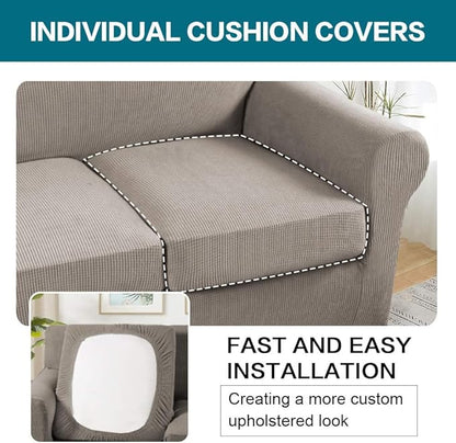Turquoize 4 Piece Couch Covers for 3 Cushion Couch Sofa Pet Friendly Stretch Couch Cover for Dogs Washable Sofa Covers with Individual Couch Cushion Covers, Jacquard Fabric (3 Cushion Sofa, Taupe)