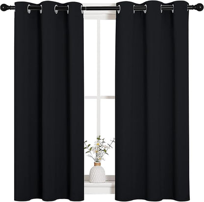 NICETOWN Halloween Bathroom Blackout Curtains and Drapes, Black Solid Thermal Insulated Grommet Blackout Drapery Panels for Window (2 Panels, 34 inches Wide by 45 inches Long, Black)