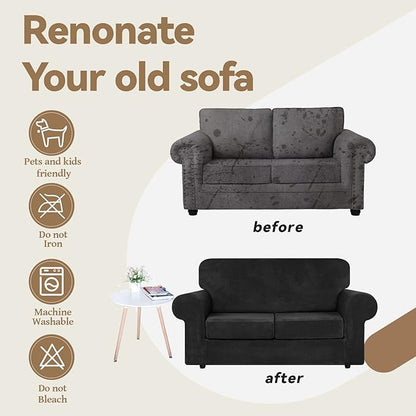 WEERRW Velvet Couch Covers for 2 Cushion Couch Sofa - High Stretch Luxury Velvet Plush 3 Pieces Sofa Slipcovers with Elastic Bottom, Furniture Protector for Pets, Machine Washable, Black, Medium