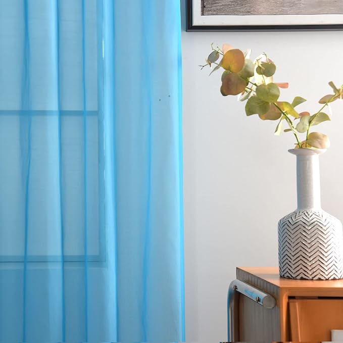 SpaceDresser Sheer Voile Window Treatment Rod Pocket Curtain Panels for Kitchen Bedroom Living Room Drapes Sunlight Filtering Privacy Semi Home Decor Assorted Colors Sizes (Cyan Blue, 52 W x 45 L)