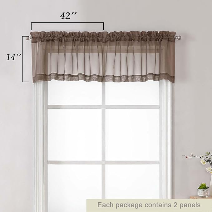 Chocolate Valances for Windows, Sheer Curtains 14 Inch Length 2 Pack Kitchen Curtain, Modern Solid Mini Small Window Curtains for Cafe Bathroom Basement, Chocolate, Each 42" Wx14 L Inches