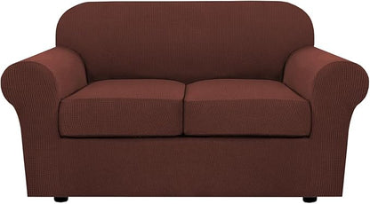 H.VERSAILTEX 3 Piece Stretch Sofa Covers for 2 Cushion Loveseat Couch Covers for Living Room Sofa Slipcovers (Base Cover Plus 2 Seat Cushion Covers) Thicker Jacquard Fabric (Medium Sofa, Burnt Brick)