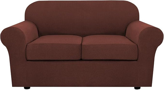 H.VERSAILTEX 3 Piece Stretch Sofa Covers for 2 Cushion Loveseat Couch Covers for Living Room Sofa Slipcovers (Base Cover Plus 2 Seat Cushion Covers) Thicker Jacquard Fabric (Medium Sofa, Burnt Brick)