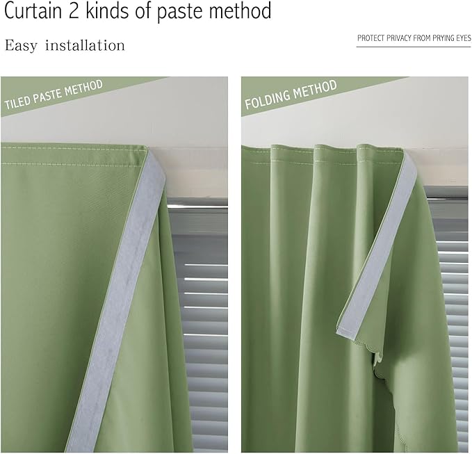Magic Tape Blackout Curtains for Bedroom No Drillng Self Adhesive Curtains No Rod Small Window, 59" W X 71" L, Sage Green, 1 Panel