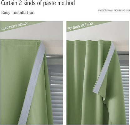 Magic Tape Blackout Curtains for Bedroom No Drillng Self Adhesive Curtains No Rod Small Window, 47" W X 59" L, Sage Green, 1 Panel