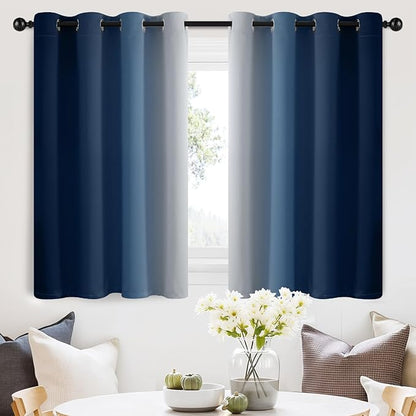 SimpleHome Ombre Room Darkening Curtains 36 inches Length for Bedroom,Grommet Gradient Light Blocking Blue Gradient Window Curtains for Living Room,2 Panels, 52x36 inches