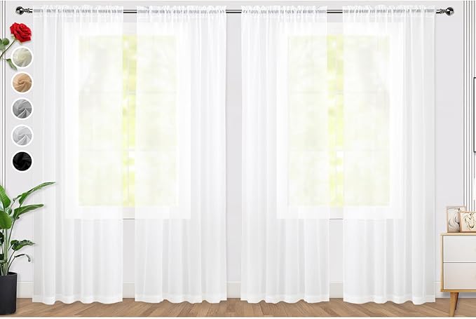 SpaceDresser Sheer White Curtains 4 Panels Rod Pocket Semi-Sheer Curtain 45 Inches Long Light Filtering Voile Window Drapes for Bedroom Living Room Kitchen, Each 52W x 45L