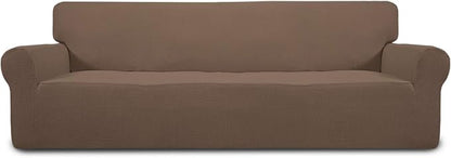Easy-Going Stretch 4 Seater Sofa Slipcover 1-Piece Sofa Cover Furniture Protector Couch Soft with Elastic Bottom for Kids, Polyester Spandex Jacquard Fabric Small Checks Brown