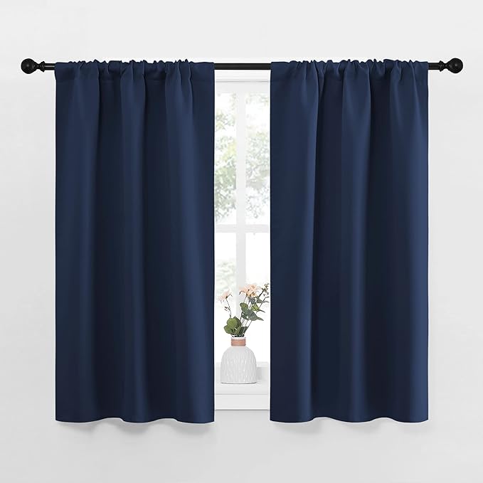 NICETOWN Kitchen Curtains, Short Blackout Curtains & Drapes, Thermal Insulated Rod Pocket Window Treatment Draperies for Nursery (Navy, 34" x 40", Set of 2)