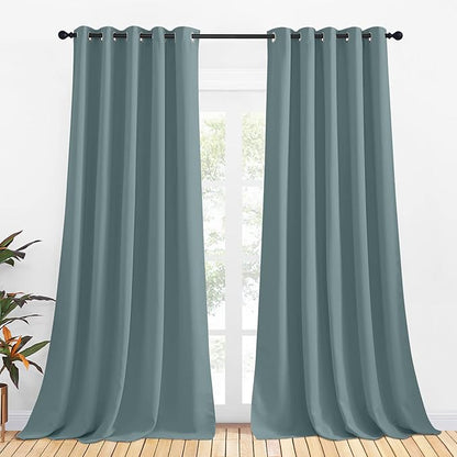 NICETOWN Bedroom Curtains Blackout Drapery Panels, 2 Panels, 70 x 108 inches, Greyish Blue, Three Pass Microfiber Thermal Insulated Solid Ring Top Blackout Window Curtains/Drapes
