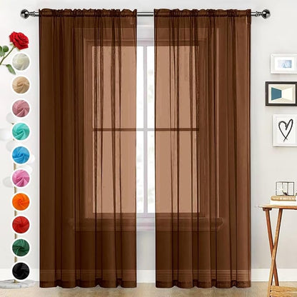 SpaceDresser Sheer Voile Window Treatment Rod Pocket Curtain Panels for Kitchen Bedroom Living Room Drapes Sunlight Filtering Privacy Semi Home Decor Assorted (Brown, 52 W x 72 L)