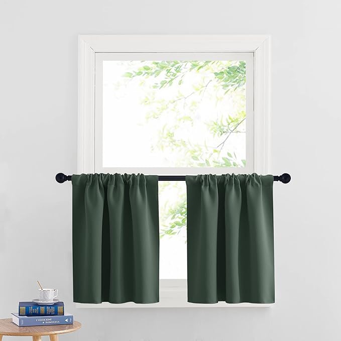 RYB HOME Cafe Blackout Curtains 24 inch Length, RV Curtains for Camper Windows, Mini Short Small Insulating Light UV Blocking Privacy Half Window Tiers, Width 29 by Length 24, Dark Green, 2 Panels