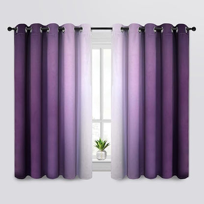 SimpleHome Ombre Room Darkening Curtains for Bedroom, Gradient Purple to Grey White Light Blocking Thermal Insulated Grommet Window Curtains/Drapes for Living Room,2 Panels, 62x63 inches Length