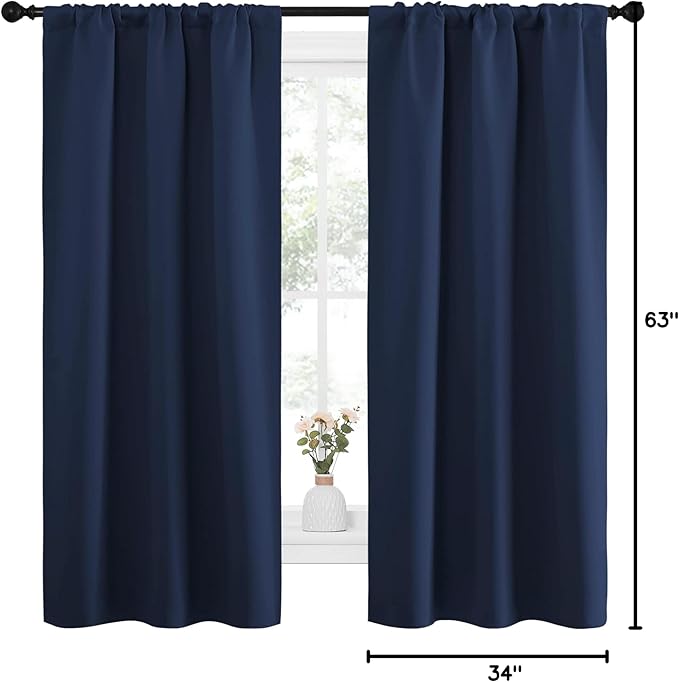 NICETOWN Bedroom Curtains Blackout Draperies, Home Decorations Thermal Insulated Solid Pole Top Blackout Drapes for Living Room (Navy, 1 Pair, 34-inch W x 63-inch L)
