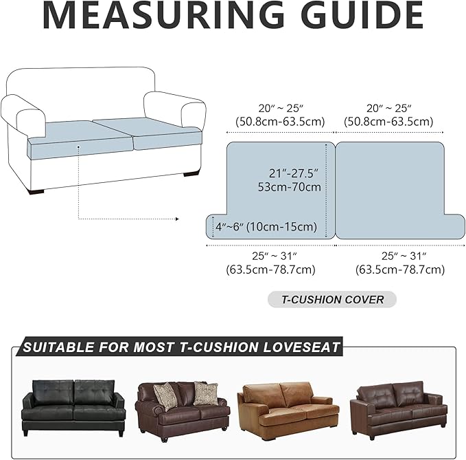 Leather Look Couch Cushion Covers Sofa Seat Slipcovers Sets Couches Furniture Protector for Sectional Armchair Loveseat Pets Kids Stretch Spandex Fabric (2 T-Cushion Loveseat, Black)