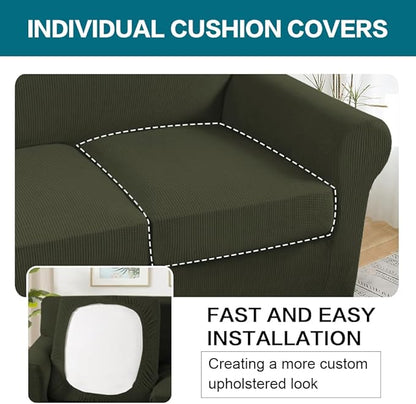 Turquoize 3 Piece Sofa Covers for 2 Cushion Couch Sofa Slipcover Soft Couch Cover for Dogs-Washable Sofa Furniture Cover with 2 Individual Cushion Covers, Thick Jacquard Fabric (Loveseat, Olive)