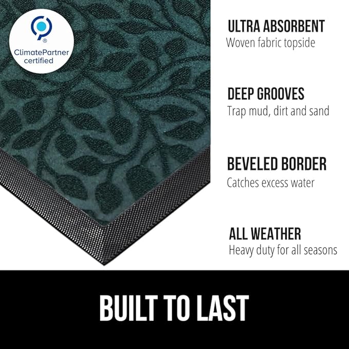 GORILLA GRIP 100% Waterproof All-Season WeatherMAX Doormat, US Designed Natural Rubber, Stain and Fade Resistant, Low Profile Indoor Outdoor Door Mats, Easy Clean Patio Mat, 29x17, Moss Vine Leaves