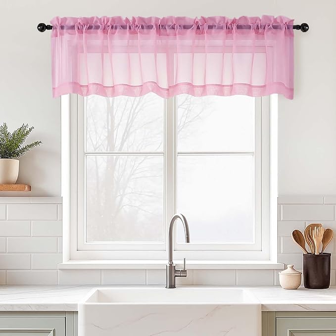 Light Pink Valances for Windows 14 inch Length 2 Panels, Small Voile Sheer Curtains for Bathroom, Soft Fabric Lightweight Light Filtering Kitchen Curtains, Dual Rod Pocket, 2x42Wx14L Inches