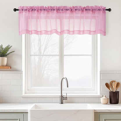Light Pink Valances for Windows 14 inch Length 2 Panels, Small Voile Sheer Curtains for Bathroom, Soft Fabric Lightweight Light Filtering Kitchen Curtains, Dual Rod Pocket, 2x42Wx14L Inches