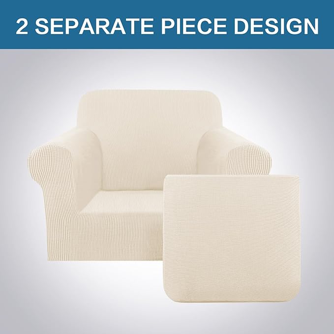 H.VERSAILTEX 2 Piece Couch Cover Stretch Stylish Chair Cover Furniture Protector Featuring Jacquard Textured Twill Fabric High Spandex Slipcover (Chair, Cream)